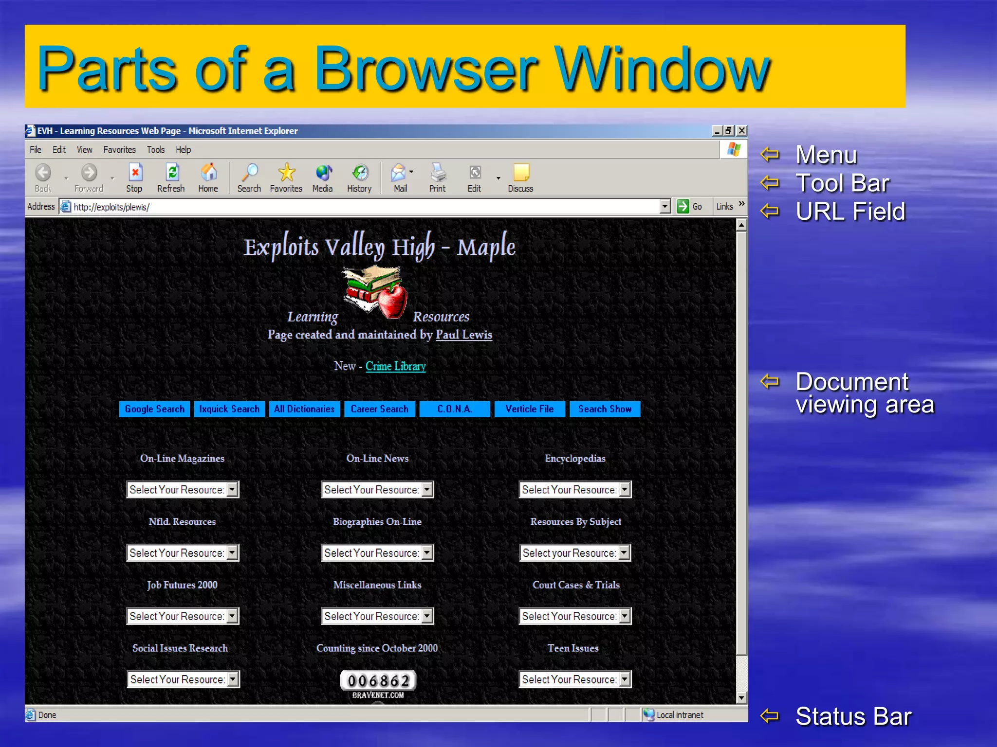 Parts of a Browser Window
 Menu
 Tool Bar
 URL Field
 Document
viewing area
 Status Bar
 