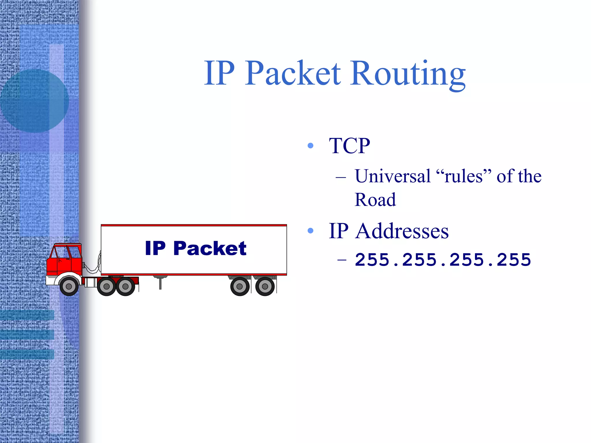 IP Packet Routing
• TCP
– Universal “rules” of the
Road
• IP Addresses
– 255.255.255.255
IP Packet
 