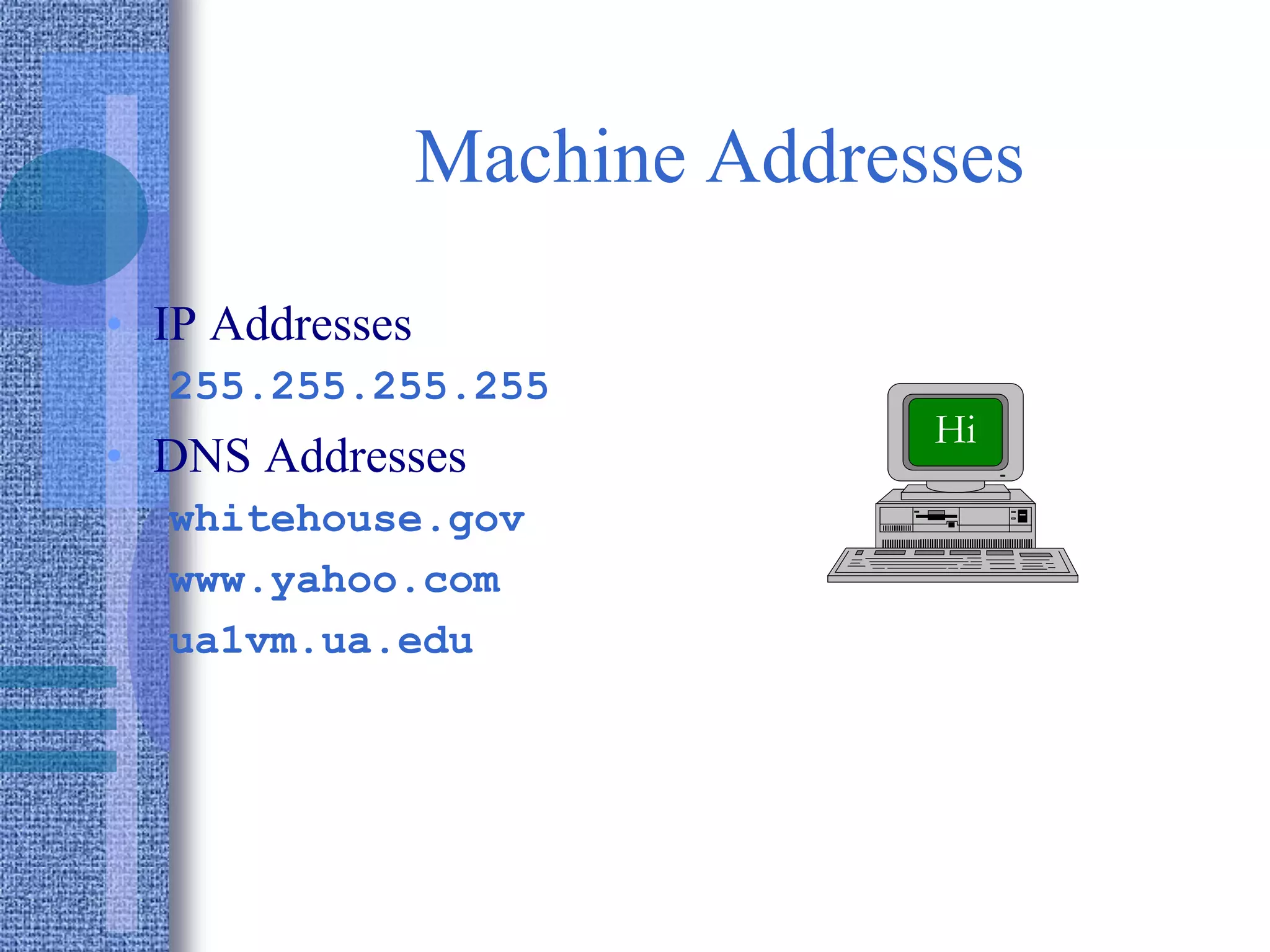 Machine Addresses
• IP Addresses
255.255.255.255
• DNS Addresses
whitehouse.gov
www.yahoo.com
ua1vm.ua.edu
Hi
 
