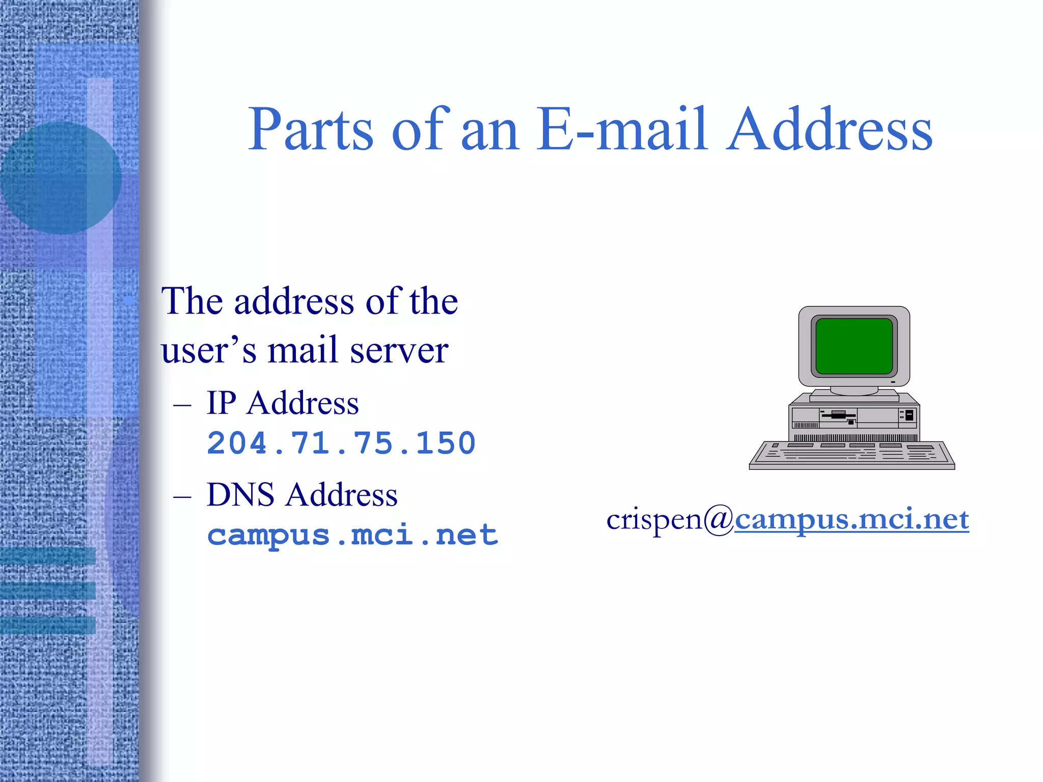 Parts of an E-mail Address
• The address of the
user’s mail server
– IP Address
204.71.75.150
– DNS Address
campus.mci.net crispen@campus.mci.net
 