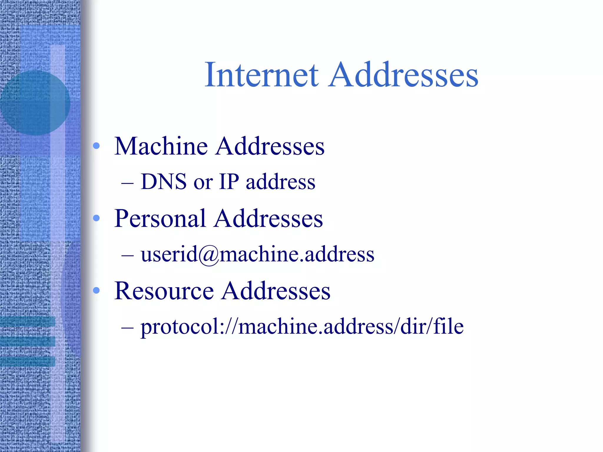 Internet Addresses
• Machine Addresses
– DNS or IP address
• Personal Addresses
– userid@machine.address
• Resource Addresses
– protocol://machine.address/dir/file
 