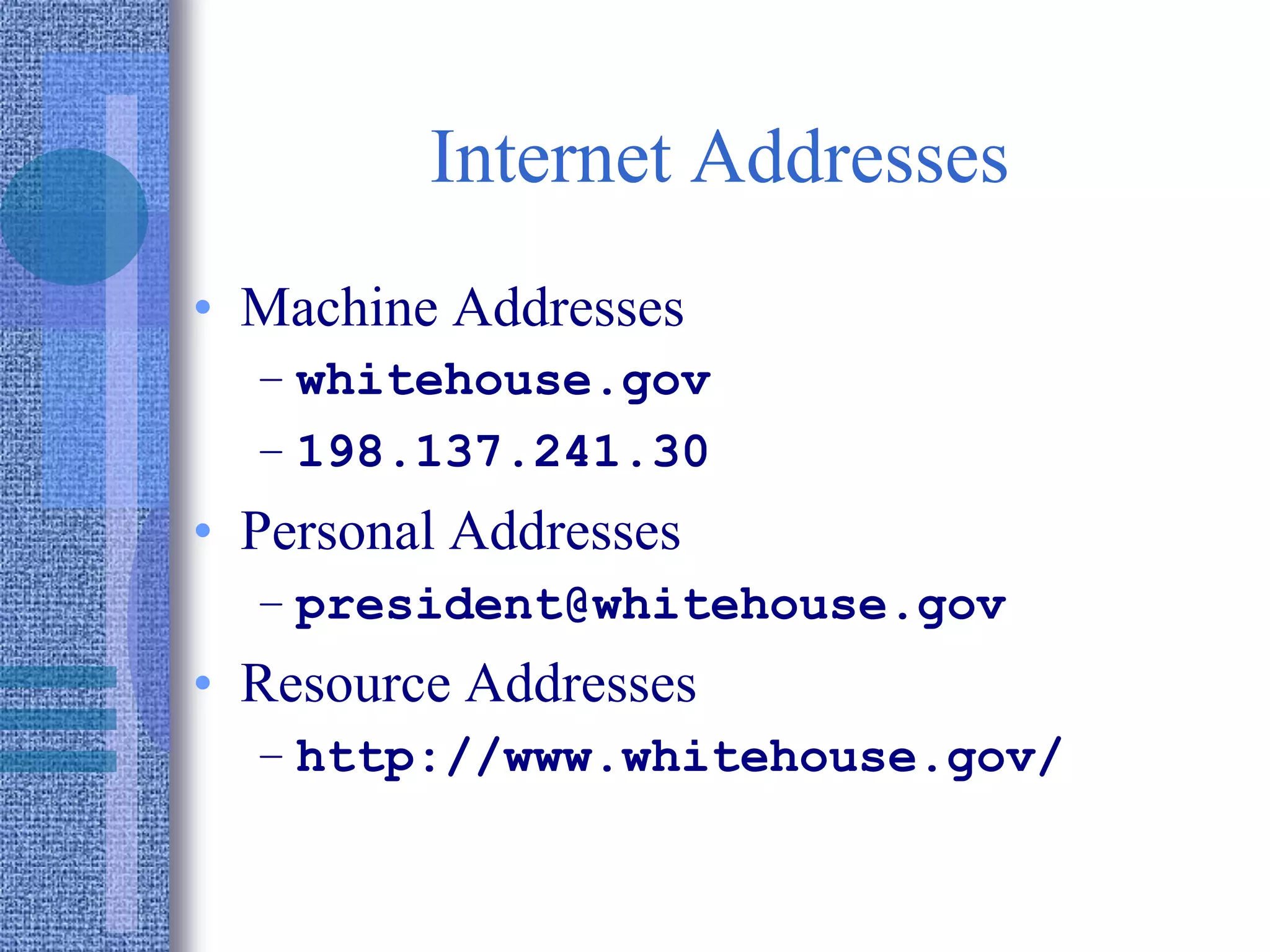 Internet Addresses
• Machine Addresses
– whitehouse.gov
– 198.137.241.30
• Personal Addresses
– president@whitehouse.gov
• Resource Addresses
– http://www.whitehouse.gov/
 