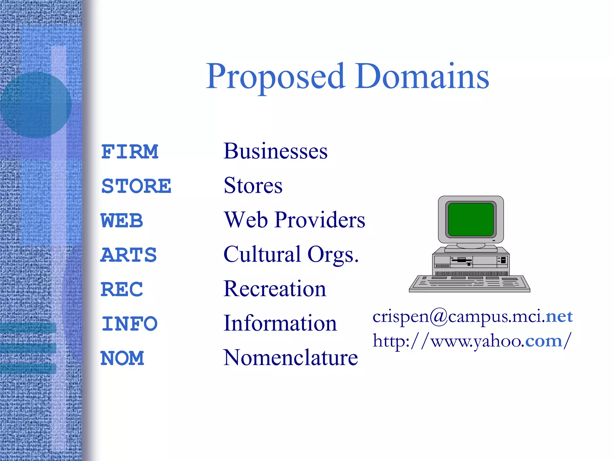 Proposed Domains
FIRM Businesses
STORE Stores
WEB Web Providers
ARTS Cultural Orgs.
REC Recreation
INFO Information
NOM Nomenclature
crispen@campus.mci.net
http://www.yahoo.com/
 