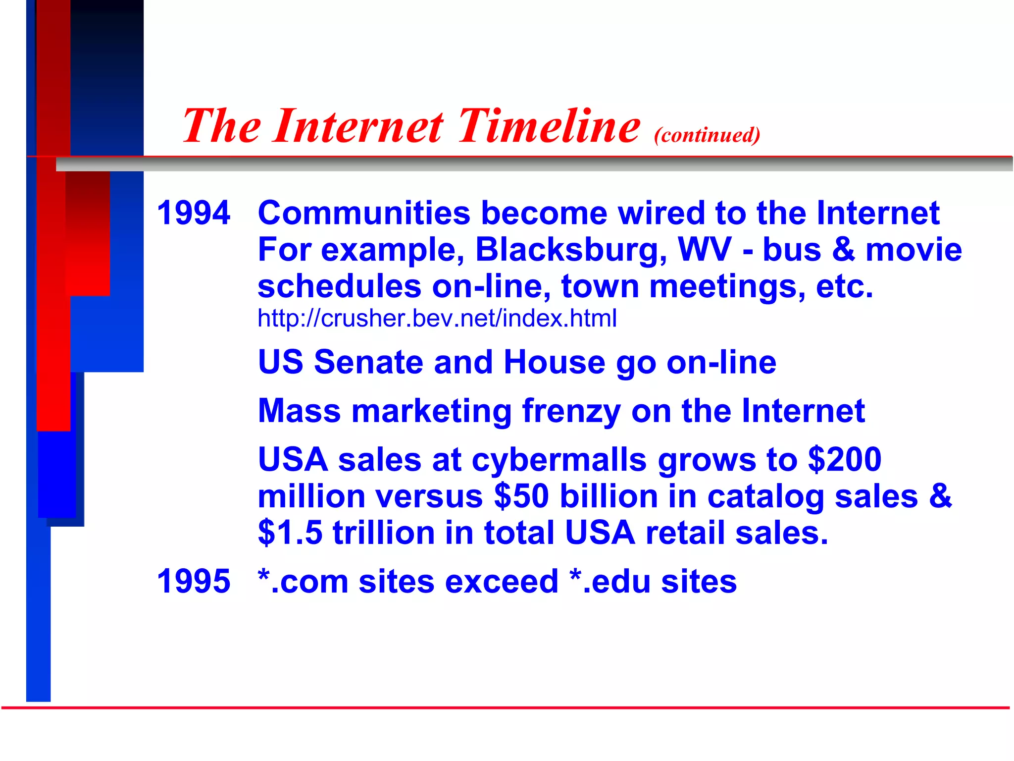 The Internet Timeline (continued)
1994 Communities become wired to the Internet
For example, Blacksburg, WV - bus & movie
schedules on-line, town meetings, etc.
http://crusher.bev.net/index.html
US Senate and House go on-line
Mass marketing frenzy on the Internet
USA sales at cybermalls grows to $200
million versus $50 billion in catalog sales &
$1.5 trillion in total USA retail sales.
1995 *.com sites exceed *.edu sites
 