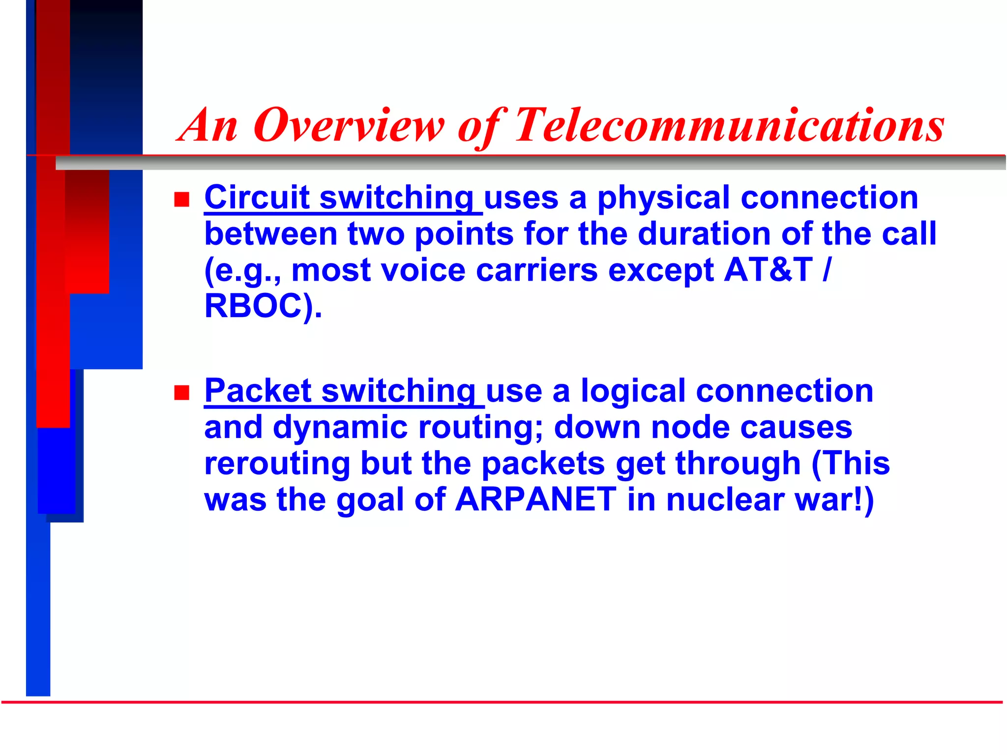 An Overview of Telecommunications
 Circuit switching uses a physical connection
between two points for the duration of the call
(e.g., most voice carriers except AT&T /
RBOC).
 Packet switching use a logical connection
and dynamic routing; down node causes
rerouting but the packets get through (This
was the goal of ARPANET in nuclear war!)
 