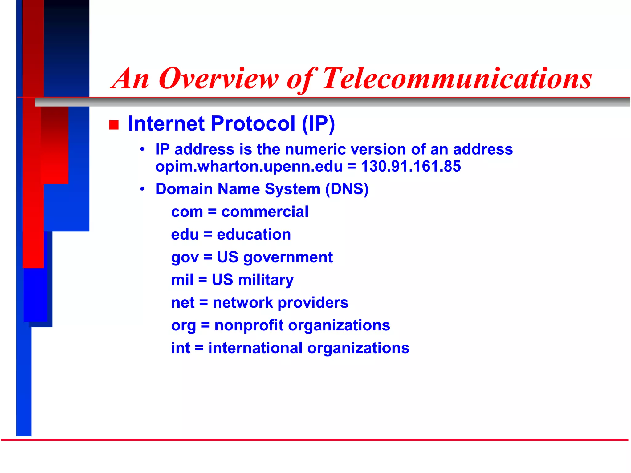 An Overview of Telecommunications
 Internet Protocol (IP)
• IP address is the numeric version of an address
opim.wharton.upenn.edu = 130.91.161.85
• Domain Name System (DNS)
com = commercial
edu = education
gov = US government
mil = US military
net = network providers
org = nonprofit organizations
int = international organizations
 