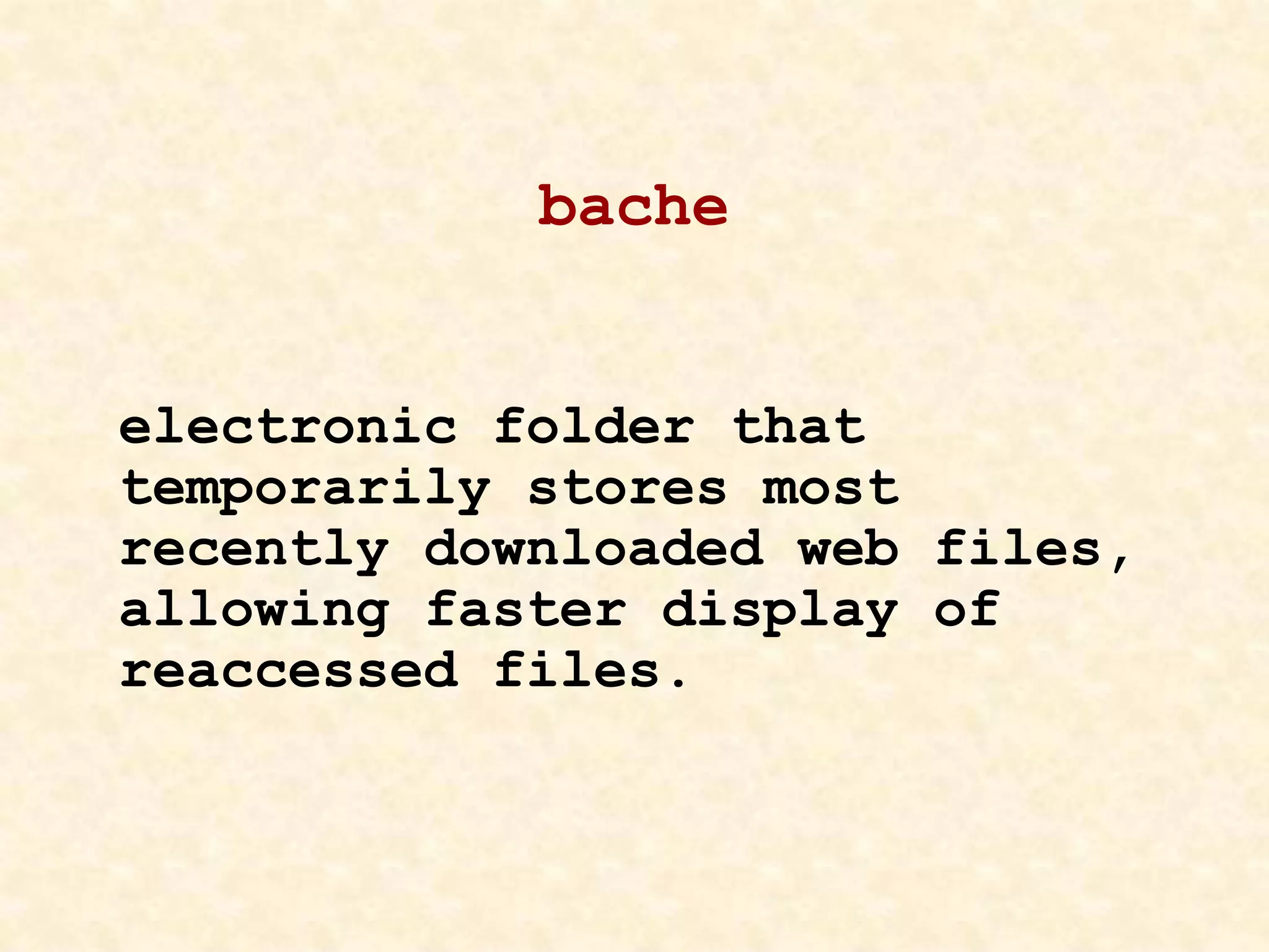 bache
electronic folder that
temporarily stores most
recently downloaded web files,
allowing faster display of
reaccessed files.
 