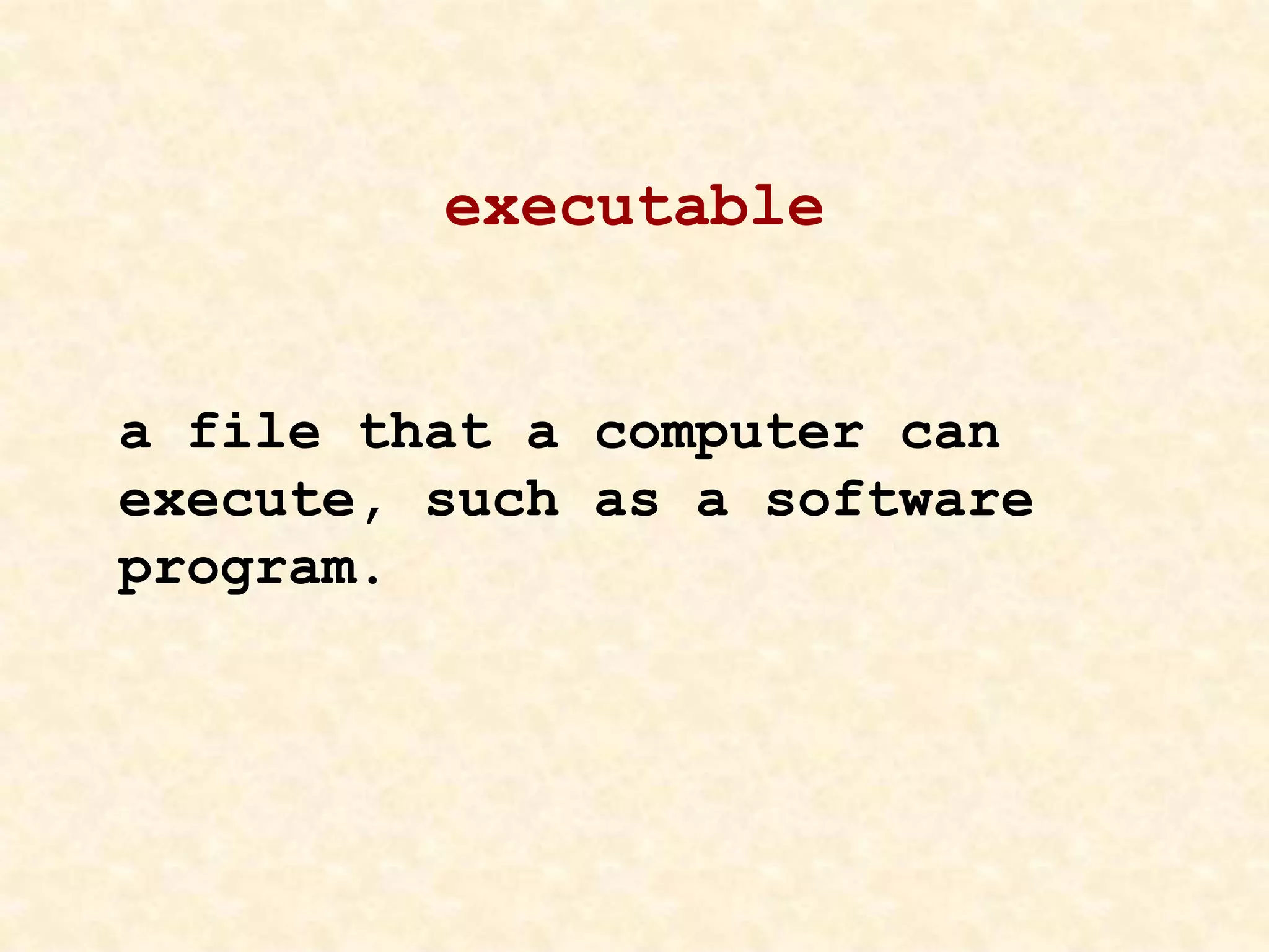 executable
a file that a computer can
execute, such as a software
program.
 