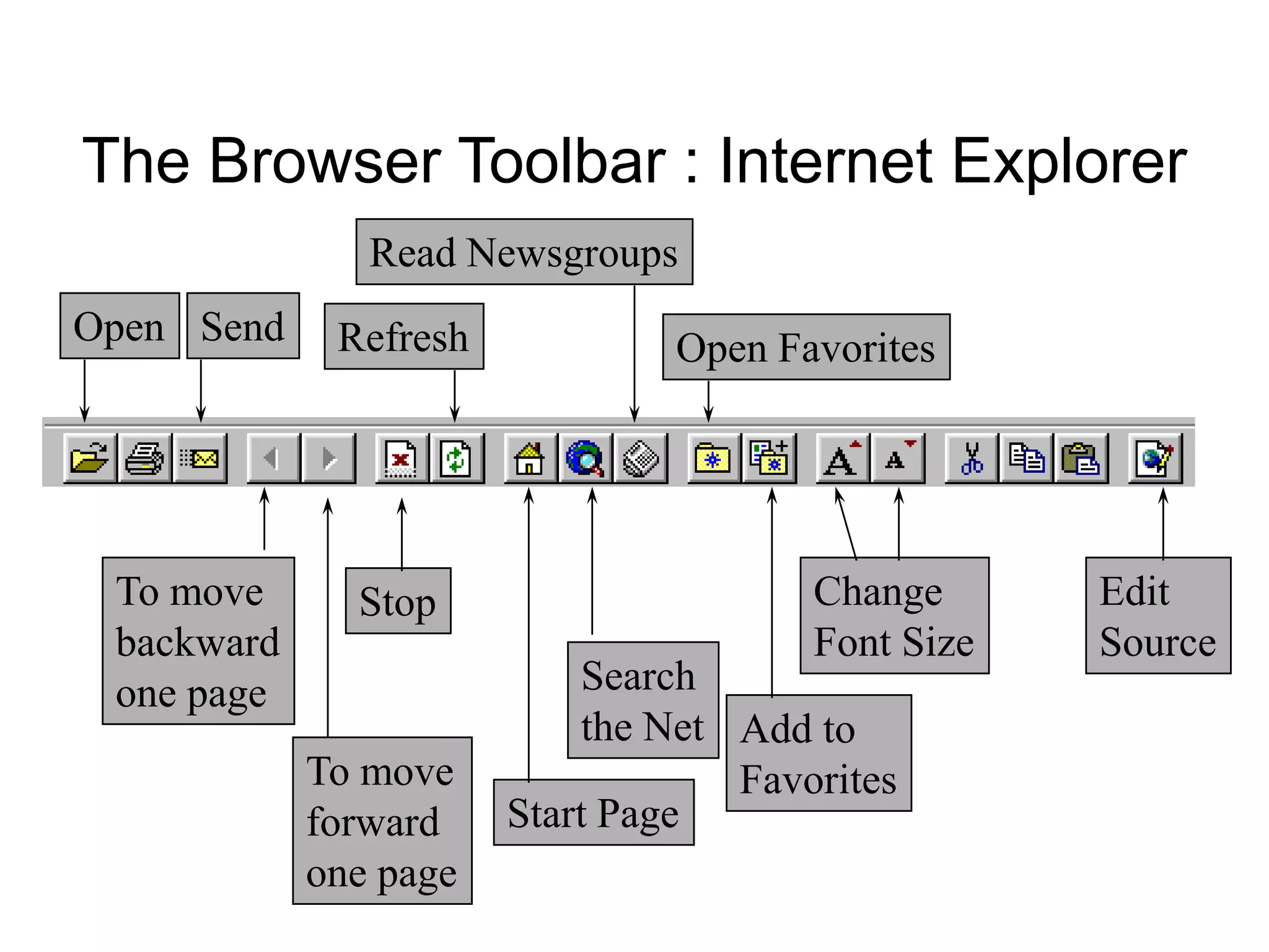 The Browser Toolbar : Internet Explorer
To move
backward
one page
To move
forward
one page
Stop
Refresh
Start Page
Search
the Net
Read Newsgroups
Open Favorites
Add to
Favorites
Change
Font Size
Edit
Source
SendOpen
 