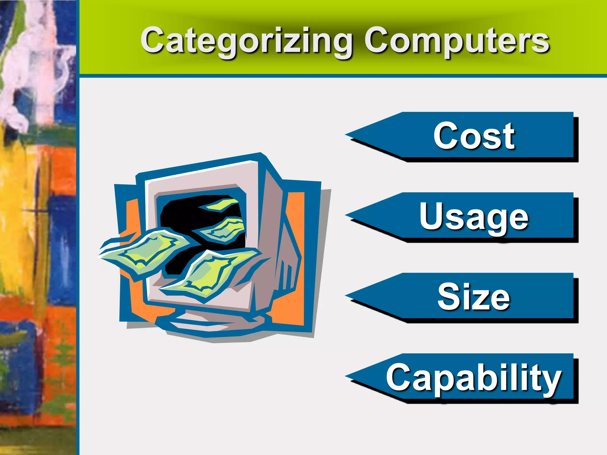 Categorizing Computers
Cost
Usage
Size
Capability
 