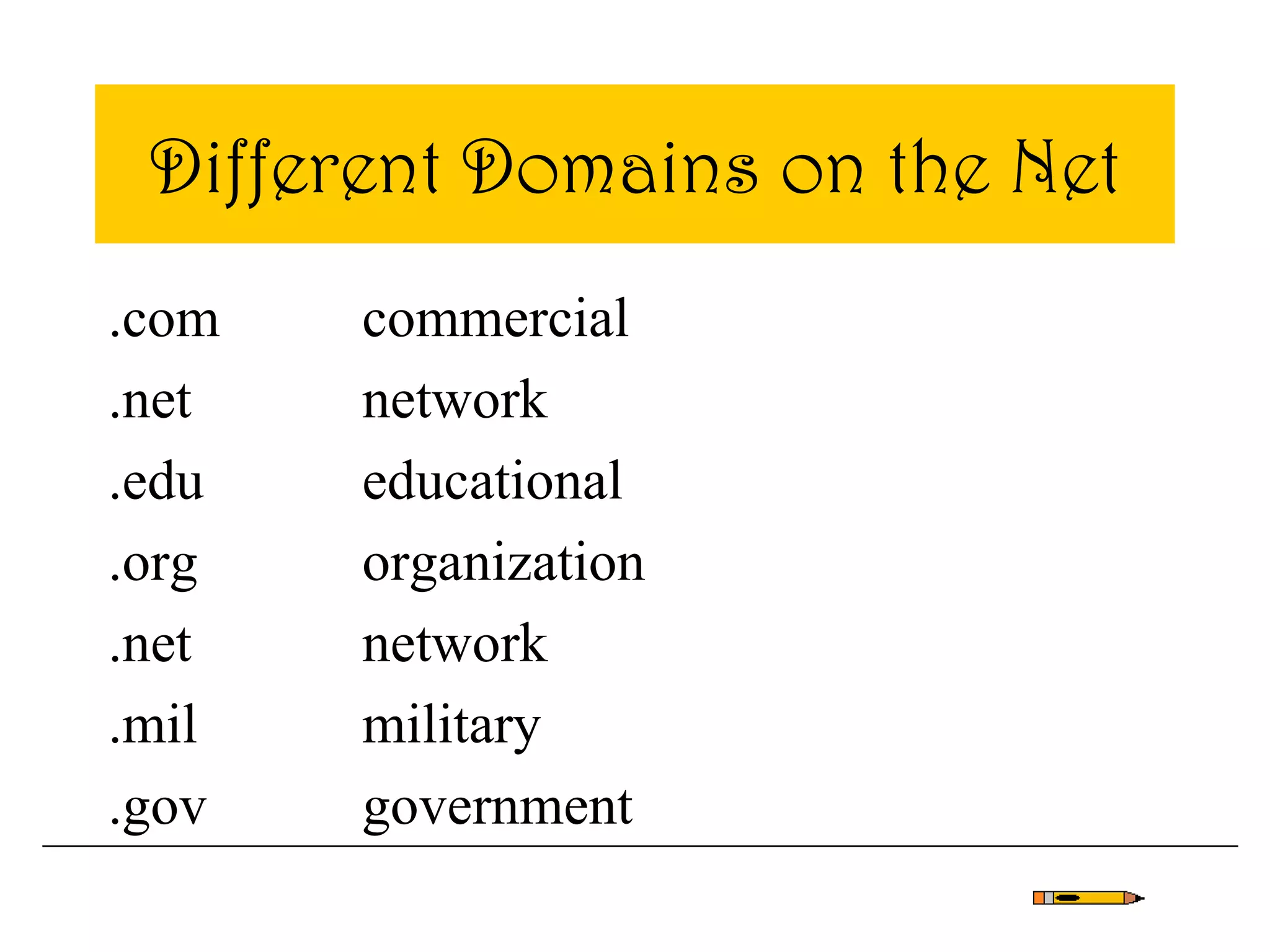 Different Domains on the Net
.com commercial
.net network
.edu educational
.org organization
.net network
.mil military
.gov government
 