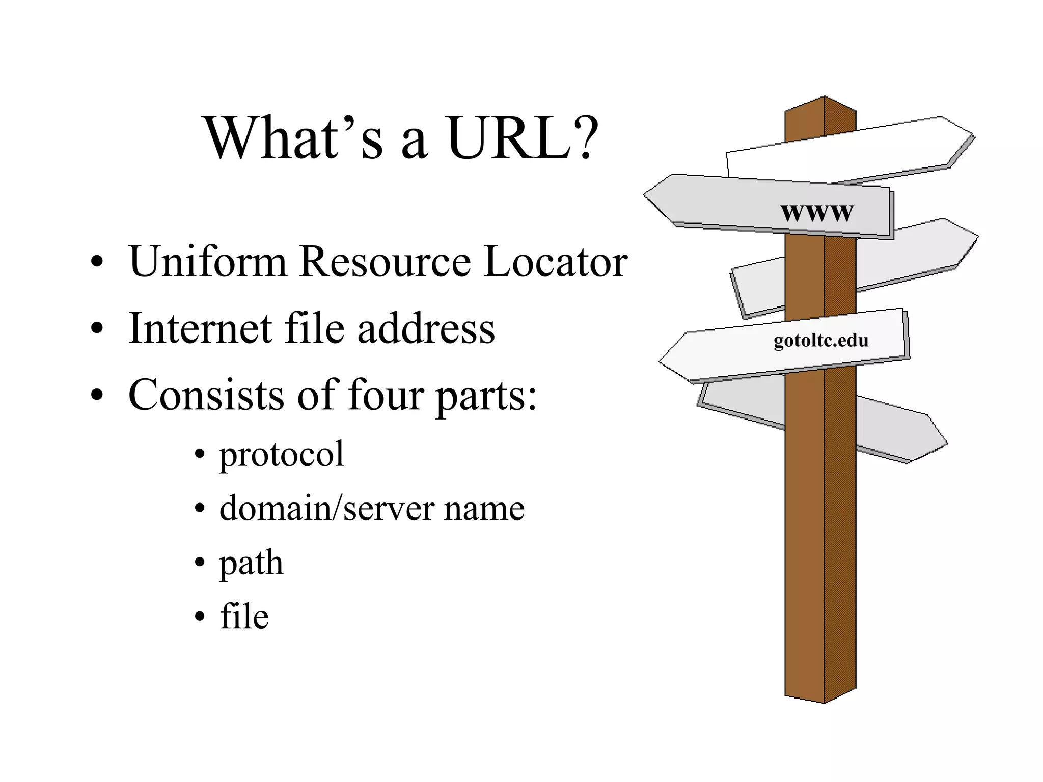 What’s a URL?
• Uniform Resource Locator
• Internet file address
• Consists of four parts:
• protocol
• domain/server name
• path
• file
www
gotoltc.edu
 