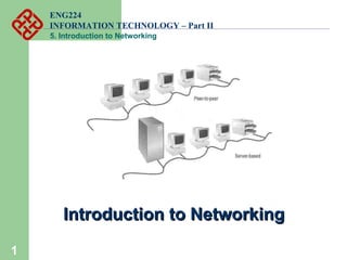 ENG224
INFORMATION TECHNOLOGY – Part II
5. Introduction to Networking
1
Introduction to NetworkingIntroduction to Networking
 