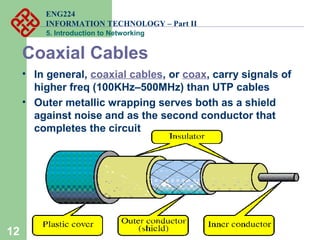 ENG224
INFORMATION TECHNOLOGY – Part II
5. Introduction to Networking
12
Coaxial Cables
• In general, coaxial cables, or coax, carry signals of
higher freq (100KHz–500MHz) than UTP cables
• Outer metallic wrapping serves both as a shield
against noise and as the second conductor that
completes the circuit
 