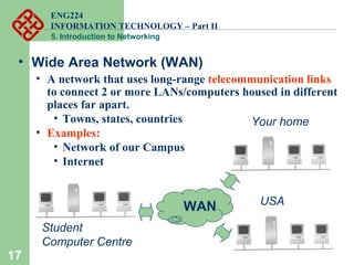 ENG224
INFORMATION TECHNOLOGY – Part II
5. Introduction to Networking
17
• Wide Area Network (WAN)
• A network that uses long-range telecommunication links
to connect 2 or more LANs/computers housed in different
places far apart.
• Towns, states, countries
• Examples:
• Network of our Campus
• Internet
WAN
Student
Computer Centre
Your home
USA
 