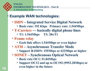 ENG224
INFORMATION TECHNOLOGY – Part II
5. Introduction to Networking
18
• Example WAN technologies:
• ISDN – Integrated Service Digital Network
• Basic rate: 192 Kbps Primary rate: 1.544Mbps
• T-Carriers ― basically digital phone lines
• T1: 1.544Mbps T3: 28×T1
• Frame relay
• Each link offers 1.544Mbps or even higher
• ATM – Asynchronous Transfer Mode
• Support B-ISDN: 155Mbps or 622Mbps or higher
• SONET – Synchronous Optical Network
• Basic rate OC1: 51.84Mbps
• Support OC12 and up to OC192 (9953.28Mbps) or
even higher in the future
 