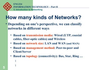 ENG224
INFORMATION TECHNOLOGY – Part II
5. Introduction to Networking
5
How many kinds of Networks?
• Depending on one’s perspective, we can classify
networks in different ways
• Based on transmission media: Wired (UTP, coaxial
cables, fiber-optic cables) and Wireless
• Based on network size: LAN and WAN (and MAN)
• Based on management method: Peer-to-peer and
Client/Server
• Based on topology (connectivity): Bus, Star, Ring …
:
:
 