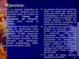 Ejercicio:
 En un proyecto productivo en          Los estudios del proyecto constaron
  preparación, contamos con los          4,800; los gastos del diseño de
  siguientes datos: ($ ). Elabore el     construcción civil 7,850, los gastos
  respectivo       Cuadro        de      de localización, 4,150; los gastos de
                                         seguridad 4,800; la instalación y el
  Inversiones del Proyecto,              montaje ascendió a 10,060. Por
  usando      como    modelo      el     gastos de trámites municipales de
  ejemplo:.                              autorización de construcción
 Adquisición del terreno, 62,000;      Las materias primas aportadas para
  gastos de construcción física          empezar la producción costaron
  del local, 92,000; maquinaria de       24,000; y los materiales conexos a
  selección, 32,000; maquinaria          la     producción      4,800;      por
  de procesado en total 28,000;          combustibles,     2,800.     Se     ha
                                         considerado que durante el periodo
  otros equipos auxiliares, 2,000;
                                         pre-operativo los servicios en
  vehículos para distribución,           conjunto de agua, energía eléctrica y
  30,000; amoblamiento, 3,800;           servicio telefónico ascienden a
  equipos de oficina 4,200               1,200; los productos terminados
                                         aportados por 30,000; la planilla pre-
                                         operativa sumó 12,000; siendo la
                                         caja de 3,800.
                                        El capital de trabajo operativo
                                         dispuesto es de 48,000.            24
 