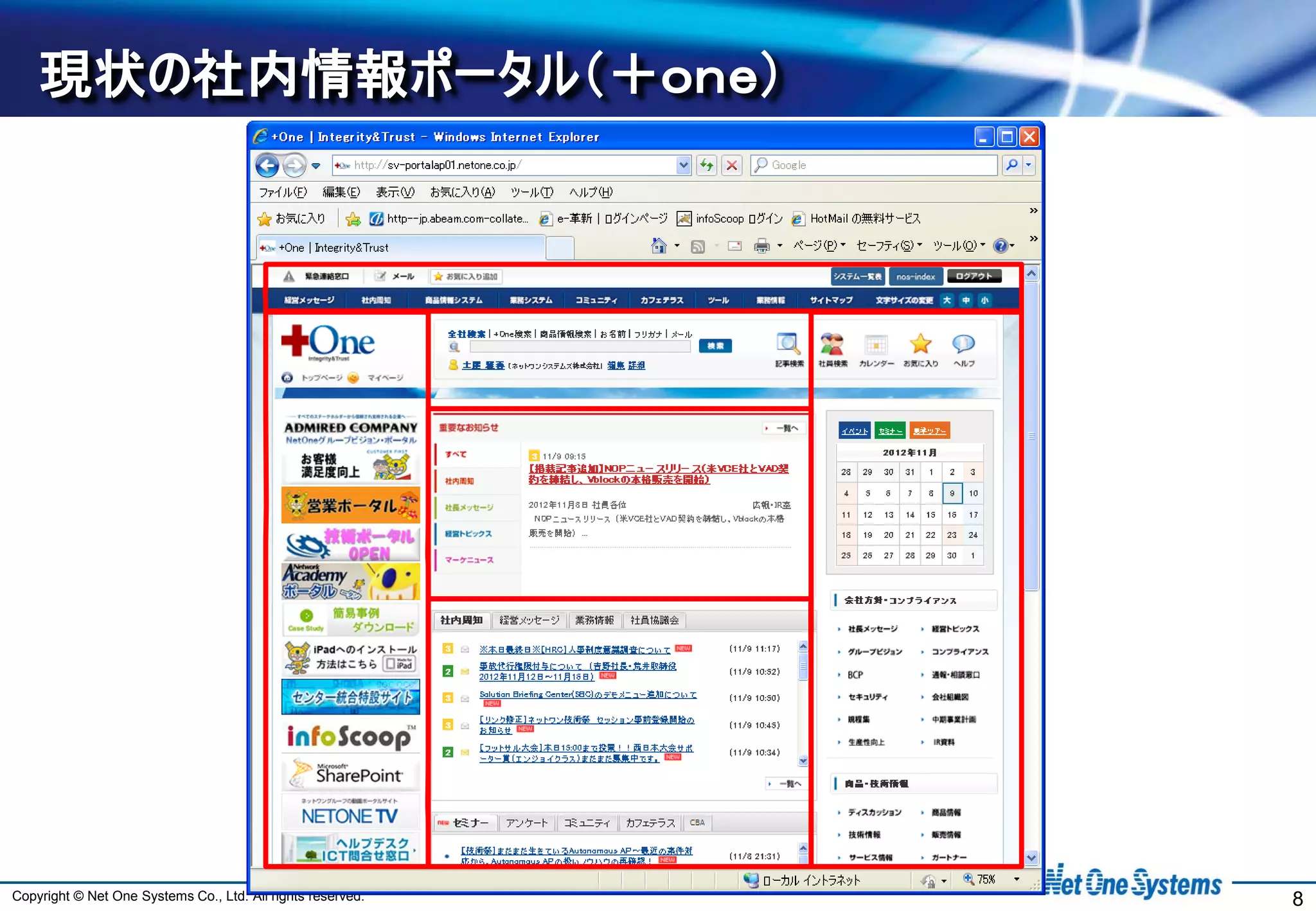 現状の社内情報ポータル（＋ｏｎｅ）




Copyright © Net One Systems Co., Ltd. All rights reserved.   8
 