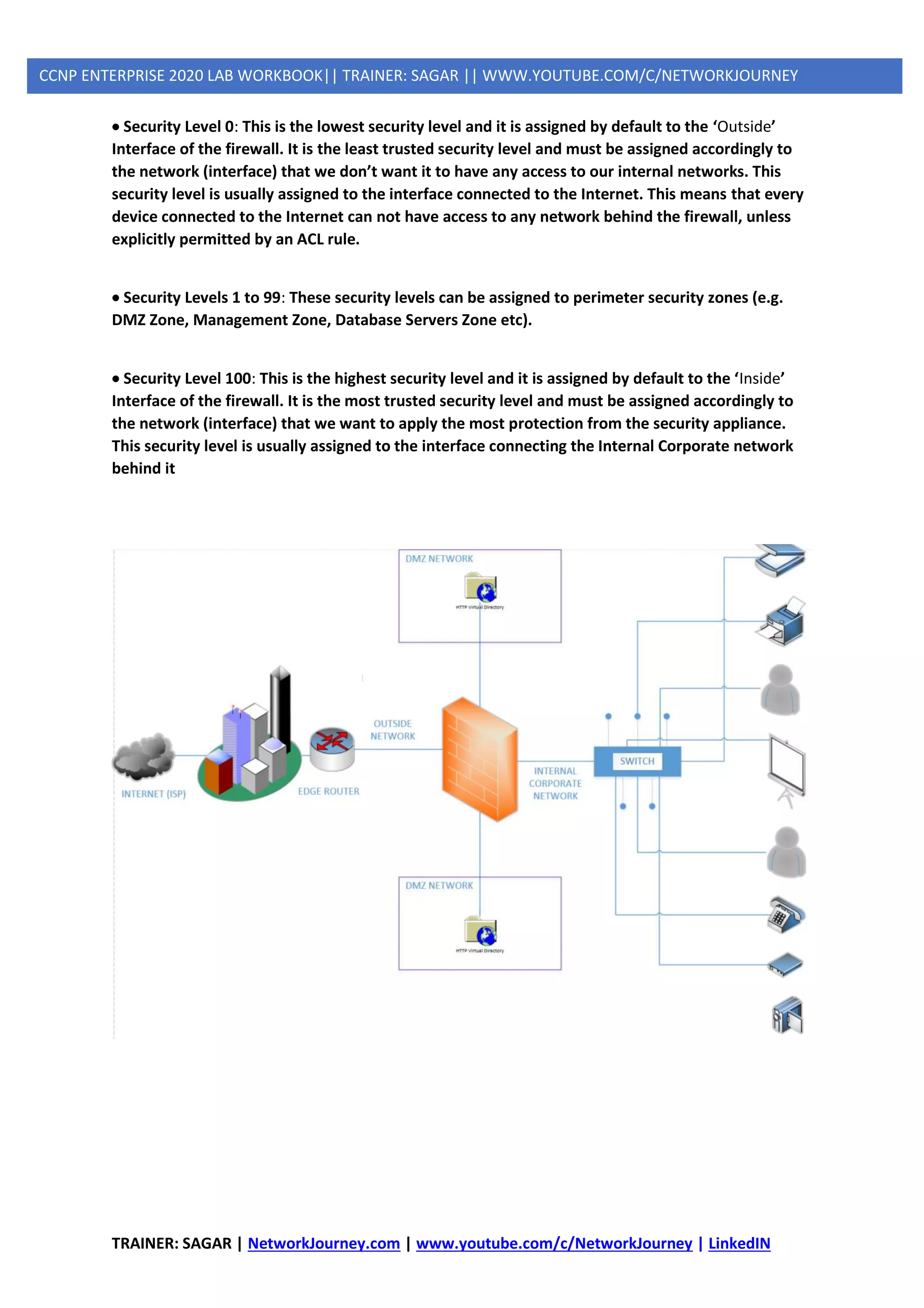 TRAINER: SAGAR | NetworkJourney.com | www.youtube.com/c/NetworkJourney | LinkedIN
CCNP ENTERPRISE 2020 LAB WORKBOOK|| TRAINER: SAGAR || WWW.YOUTUBE.COM/C/NETWORKJOURNEY
• Security Level 0: This is the lowest security level and it is assigned by default to the ‘Outside’
Interface of the firewall. It is the least trusted security level and must be assigned accordingly to
the network (interface) that we don’t want it to have any access to our internal networks. This
security level is usually assigned to the interface connected to the Internet. This means that every
device connected to the Internet can not have access to any network behind the firewall, unless
explicitly permitted by an ACL rule.
• Security Levels 1 to 99: These security levels can be assigned to perimeter security zones (e.g.
DMZ Zone, Management Zone, Database Servers Zone etc).
• Security Level 100: This is the highest security level and it is assigned by default to the ‘Inside’
Interface of the firewall. It is the most trusted security level and must be assigned accordingly to
the network (interface) that we want to apply the most protection from the security appliance.
This security level is usually assigned to the interface connecting the Internal Corporate network
behind it
 