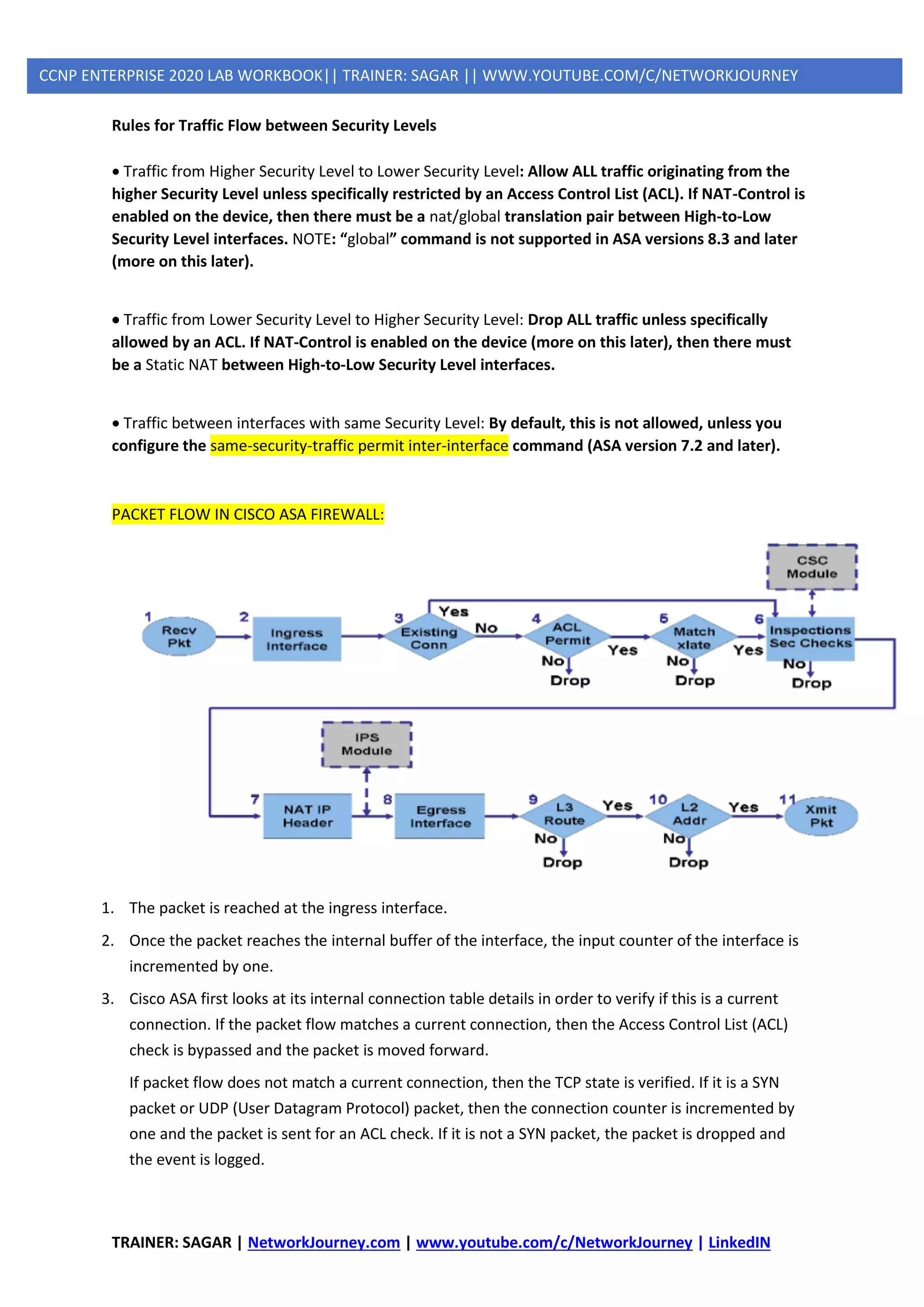 TRAINER: SAGAR | NetworkJourney.com | www.youtube.com/c/NetworkJourney | LinkedIN
CCNP ENTERPRISE 2020 LAB WORKBOOK|| TRAINER: SAGAR || WWW.YOUTUBE.COM/C/NETWORKJOURNEY
Rules for Traffic Flow between Security Levels
• Traffic from Higher Security Level to Lower Security Level: Allow ALL traffic originating from the
higher Security Level unless specifically restricted by an Access Control List (ACL). If NAT-Control is
enabled on the device, then there must be a nat/global translation pair between High-to-Low
Security Level interfaces. NOTE: “global” command is not supported in ASA versions 8.3 and later
(more on this later).
• Traffic from Lower Security Level to Higher Security Level: Drop ALL traffic unless specifically
allowed by an ACL. If NAT-Control is enabled on the device (more on this later), then there must
be a Static NAT between High-to-Low Security Level interfaces.
• Traffic between interfaces with same Security Level: By default, this is not allowed, unless you
configure the same-security-traffic permit inter-interface command (ASA version 7.2 and later).
PACKET FLOW IN CISCO ASA FIREWALL:
1. The packet is reached at the ingress interface.
2. Once the packet reaches the internal buffer of the interface, the input counter of the interface is
incremented by one.
3. Cisco ASA first looks at its internal connection table details in order to verify if this is a current
connection. If the packet flow matches a current connection, then the Access Control List (ACL)
check is bypassed and the packet is moved forward.
If packet flow does not match a current connection, then the TCP state is verified. If it is a SYN
packet or UDP (User Datagram Protocol) packet, then the connection counter is incremented by
one and the packet is sent for an ACL check. If it is not a SYN packet, the packet is dropped and
the event is logged.
 