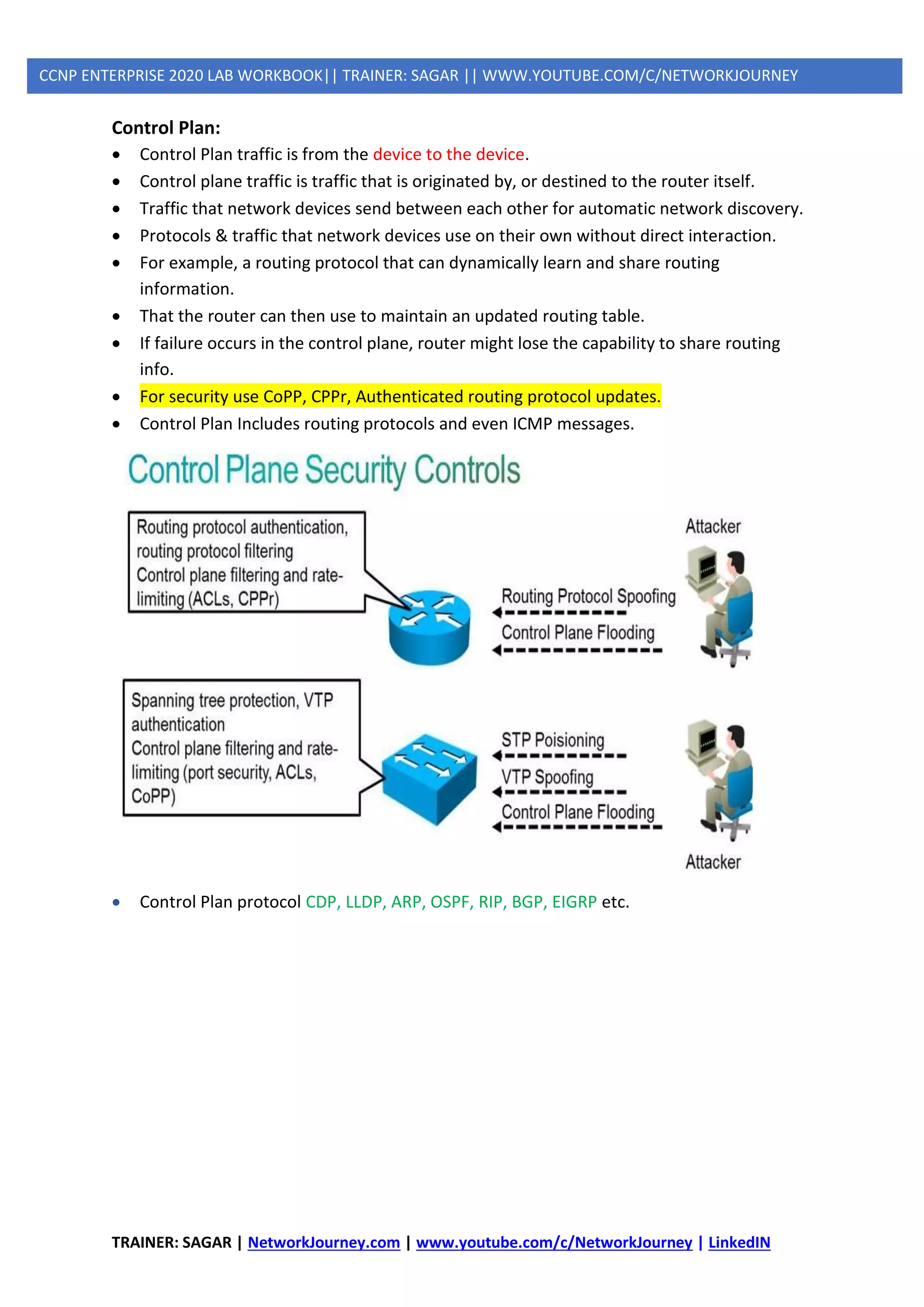 TRAINER: SAGAR | NetworkJourney.com | www.youtube.com/c/NetworkJourney | LinkedIN
CCNP ENTERPRISE 2020 LAB WORKBOOK|| TRAINER: SAGAR || WWW.YOUTUBE.COM/C/NETWORKJOURNEY
Control Plan:
• Control Plan traffic is from the device to the device.
• Control plane traffic is traffic that is originated by, or destined to the router itself.
• Traffic that network devices send between each other for automatic network discovery.
• Protocols & traffic that network devices use on their own without direct interaction.
• For example, a routing protocol that can dynamically learn and share routing
information.
• That the router can then use to maintain an updated routing table.
• If failure occurs in the control plane, router might lose the capability to share routing
info.
• For security use CoPP, CPPr, Authenticated routing protocol updates.
• Control Plan Includes routing protocols and even ICMP messages.
• Control Plan protocol CDP, LLDP, ARP, OSPF, RIP, BGP, EIGRP etc.
 