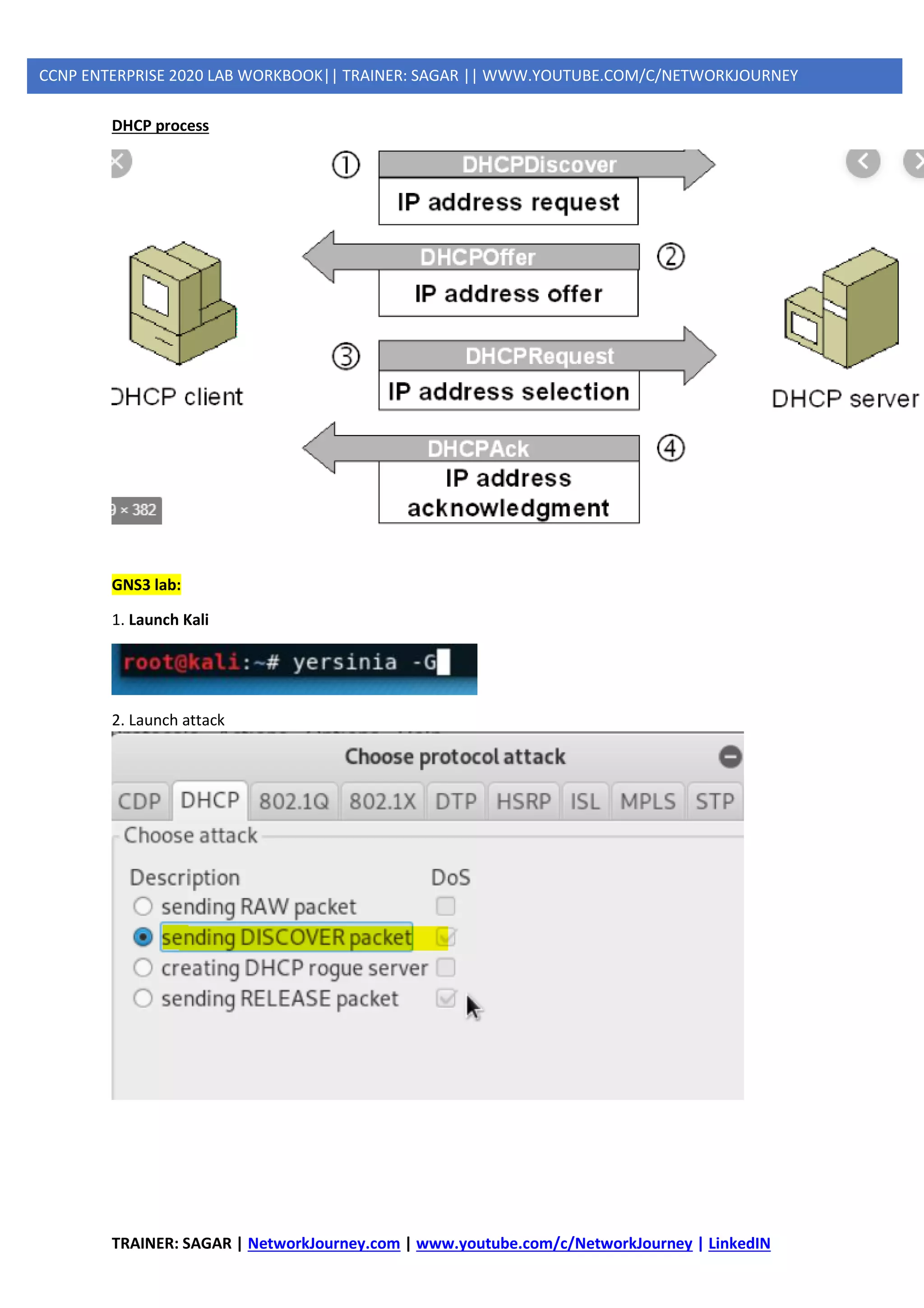 TRAINER: SAGAR | NetworkJourney.com | www.youtube.com/c/NetworkJourney | LinkedIN
CCNP ENTERPRISE 2020 LAB WORKBOOK|| TRAINER: SAGAR || WWW.YOUTUBE.COM/C/NETWORKJOURNEY
DHCP process
GNS3 lab:
1. Launch Kali
2. Launch attack
 