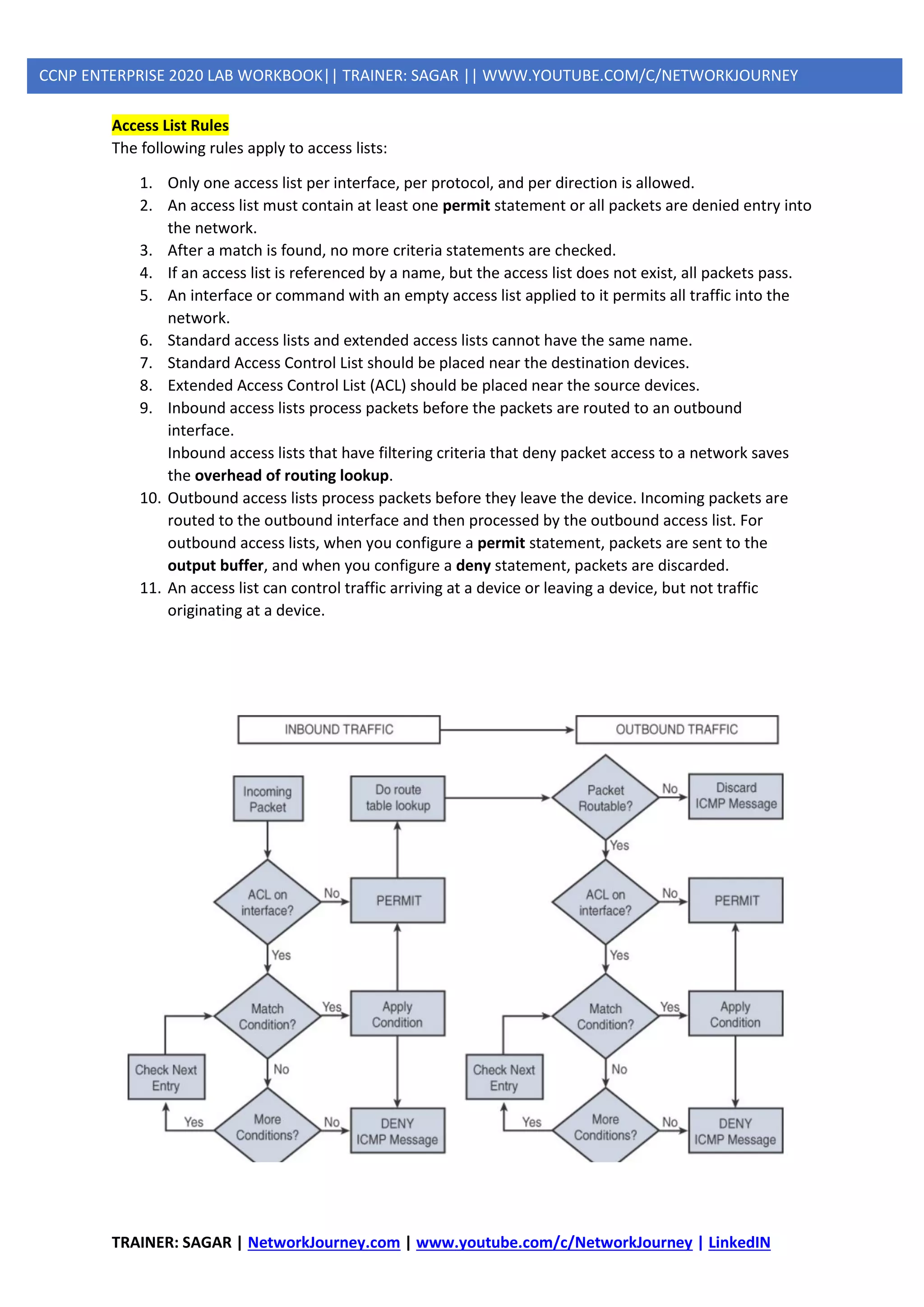 TRAINER: SAGAR | NetworkJourney.com | www.youtube.com/c/NetworkJourney | LinkedIN
CCNP ENTERPRISE 2020 LAB WORKBOOK|| TRAINER: SAGAR || WWW.YOUTUBE.COM/C/NETWORKJOURNEY
Access List Rules
The following rules apply to access lists:
1. Only one access list per interface, per protocol, and per direction is allowed.
2. An access list must contain at least one permit statement or all packets are denied entry into
the network.
3. After a match is found, no more criteria statements are checked.
4. If an access list is referenced by a name, but the access list does not exist, all packets pass.
5. An interface or command with an empty access list applied to it permits all traffic into the
network.
6. Standard access lists and extended access lists cannot have the same name.
7. Standard Access Control List should be placed near the destination devices.
8. Extended Access Control List (ACL) should be placed near the source devices.
9. Inbound access lists process packets before the packets are routed to an outbound
interface.
Inbound access lists that have filtering criteria that deny packet access to a network saves
the overhead of routing lookup.
10. Outbound access lists process packets before they leave the device. Incoming packets are
routed to the outbound interface and then processed by the outbound access list. For
outbound access lists, when you configure a permit statement, packets are sent to the
output buffer, and when you configure a deny statement, packets are discarded.
11. An access list can control traffic arriving at a device or leaving a device, but not traffic
originating at a device.
 