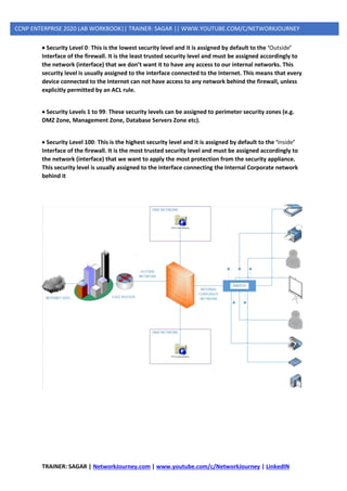 TRAINER: SAGAR | NetworkJourney.com | www.youtube.com/c/NetworkJourney | LinkedIN
CCNP ENTERPRISE 2020 LAB WORKBOOK|| TRAINER: SAGAR || WWW.YOUTUBE.COM/C/NETWORKJOURNEY
• Security Level 0: This is the lowest security level and it is assigned by default to the ‘Outside’
Interface of the firewall. It is the least trusted security level and must be assigned accordingly to
the network (interface) that we don’t want it to have any access to our internal networks. This
security level is usually assigned to the interface connected to the Internet. This means that every
device connected to the Internet can not have access to any network behind the firewall, unless
explicitly permitted by an ACL rule.
• Security Levels 1 to 99: These security levels can be assigned to perimeter security zones (e.g.
DMZ Zone, Management Zone, Database Servers Zone etc).
• Security Level 100: This is the highest security level and it is assigned by default to the ‘Inside’
Interface of the firewall. It is the most trusted security level and must be assigned accordingly to
the network (interface) that we want to apply the most protection from the security appliance.
This security level is usually assigned to the interface connecting the Internal Corporate network
behind it
 