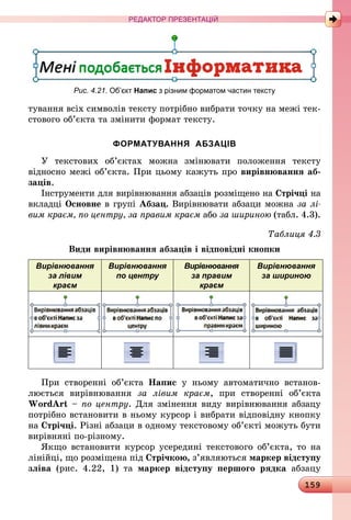 159
РЕДАКТОР ПРЕЗЕНТАЦІЙ
тування всіх символів тексту потрібно вибрати точку на межі тек-
стового об’єкта та змінити формат тексту.
ФОРМАТУВАННЯ АБЗАЦІВ
У текстових об’єктах можна змінювати положення тексту
­відносно межі об’єкта. При цьому кажуть про вирівнювання аб­
заців.
Інструменти для вирівнювання абзаців розміщено на Стрічці на
вкладці Основне в групі Абзац. Вирівнювати абзаци можна за лі­
вим краєм, по центру, за правим краєм або за шириною (табл. 4.3).
Таблиця 4.3
Види вирівнювання абзаців і відповідні кнопки
Вирівнювання
за лівим
краєм
Вирівнювання
по центру
Вирівнювання
за правим
краєм
Вирівнювання
за шириною
При створенні об’єкта Напис у ньому автоматично встанов­
люється вирівнювання за лівим краєм, при створенні об’єкта
WordArt – по центру. Для змінення виду вирівнювання абзацу
потрібно встановити в ньому курсор і вибрати відповідну кнопку
на Стрічці. Різні абзаци в одному текстовому об’єкті можуть бути
вирівняні по-різному.
Якщо встановити курсор усередині текстового об’єкта, то на
лінійці, що розміщена під Стрічкою, з’являються маркер відступу
зліва (рис. 4.22, 1) та маркер відступу першого рядка абзацу
Рис. 4.21. Об’єкт Напис з різним форматом частин тексту
 