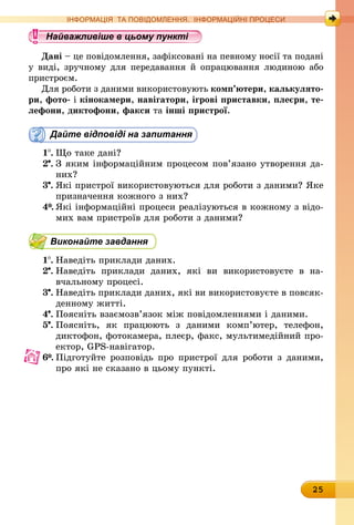 25
ІНФОРМАЦІЯ ТА ПОВІДОМЛЕННЯ. ІНФОРМАЦІЙНІ ПРОЦЕСИ
Найважливіше в цьому пункті
Дані – це повідомлення, зафіксовані на певному носії та подані
у виді, зручному для передавання й опрацювання людиною або
пристроєм.
Для роботи з даними використовують комп’ютери, калькулято-
ри, фото- і кінокамери, навігатори, ігрові приставки, плеєри, те-
лефони, диктофони, факси та інші пристрої.
Дайте відповіді на запитання
1 .	Що таке дані?
2 .	З яким інформаційним процесом пов’язано утворення да-
них?
3 .	Які пристрої використовуються для роботи з даними? Яке
призначення кожного з них?
4*.	Які інформаційні процеси реалізуються в кожному з відо-
мих вам пристроїв для роботи з даними?
Виконайте завдання
1 .	Наведіть приклади даних.
2 .	Наведіть приклади даних, які ви використовуєте в на-
вчальному процесі.
3 .	Наведіть приклади даних, які ви використовуєте в повсяк-
денному житті.
4 .	Поясніть взаємозв’язок між повідомленнями і даними.
5 .	Поясніть, як працюють з даними комп’ютер, телефон,
диктофон, фотокамера, плеєр, факс, мультимедійний про-
ектор, GPS-навігатор.
6*.	Підготуйте розповідь про пристрої для роботи з даними,
про які не сказано в цьому пункті.
 