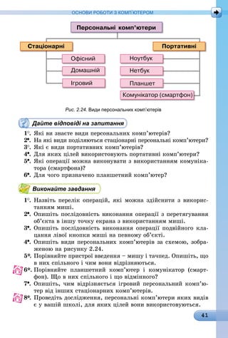 41
ОСНОВИ РОБОТИ З КОМП’ЮТЕРОМ
Рис. 2.24. Види персональних комп’ютерів
Дайте відповіді на запитання
1 .	Які ви знаєте види персональних комп’ютерів?
2 .	 На які види поділяються стаціонарні персональні комп’ютери?
3 .	Які є види портативних комп’ютерів?
4 .	Для яких цілей використовують портативні комп’ютери?
5 .	Які операції можна виконувати з використанням комуніка-
тора (смартфона)?
6 .	Для чого призначено планшетний комп’ютер?
Виконайте завдання
1 . 	Назвіть перелік операцій, які можна здійснити з викорис-
танням миші.
2 .	Опишіть послідовність виконання операції з перетягування
об’єкта в іншу точку екрана з використанням миші.
3 .	Опишіть послідовність виконання операції подвійного кла-
цання лівої кнопки миші на певному об’єкті.
4 .	Опишіть види персональних комп’ютерів за схемою, зобра-
женою на рисунку 2.24.
5*.	Порівняйте пристрої введення – мишу і тачпед. Опишіть, що
в них спільного і чим вони відрізняються.
6*.	Порівняйте планшетний комп’ютер і комунікатор (смарт-
фон). Що в них спільного і що відмінного?
7 .	Опишіть, чим відрізняється ігровий персональний комп’ю­
тер від інших стаціонарних комп’ютерів.
8*.	Проведіть дослідження, персональні комп’ютери яких видів
є у вашій школі, для яких цілей вони використовуються.
 