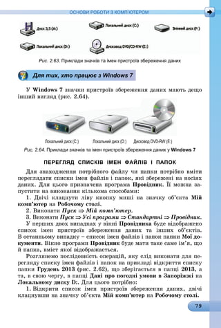 79
ОСНОВИ РОБОТИ З КОМП’ЮТЕРОМ
Рис. 2.63. Приклади значків та імен пристроїв збереження даних
Для тих, хто працює з Windows 7
У Windows 7 значки пристроїв збереження даних мають дещо
інший вигляд (рис. 2.64).
			 Локальний диск (C:) 		 Локальний диск (D:) 	 Дисковод DVD-RW (E:)
Рис. 2.64. Приклади значків та імен пристроїв збереження даних у Windows 7
ПЕРЕГЛЯД СПИСКІВ ІМЕН ФАЙЛІВ І ПАПОК
Для знаходження потрібного файлу чи папки потрібно вміти
переглядати списки імен файлів і папок, які збережені на носіях
даних. Для цього призначена програма Провідник. Її можна за-
пустити на виконання кількома способами:
1. Двічі клацнути ліву кнопку миші на значку об’єкта Мій
комп’ютер на Робочому столі.
2. Виконати Пуск ⇒ Мій комп’ютер.
3. Виконати Пуск ⇒ Усі програми ⇒ Стандартні ⇒ Провідник.
У перших двох випадках у вікні Провідника буде відображено
список імен пристроїв збереження даних та інших об’єктів.
В останньому випадку – список імен файлів і папок папки Мої до-
кументи. Вікно програми Провідник буде мати таке саме ім’я, що
й папка, вміст якої відображається.
Розглянемо послідовність операцій, яку слід виконати для пе-
регляду списку імен файлів і папок на прикладі відкриття списку
папки Грудень 2013 (рис. 2.62), що зберігається в папці 2013, а
та, в свою чергу, в папці Дані про погодні умови в Запоріжжі на
Локальному диску D:. Для цього потрібно:
1.	Відкрити список імен пристроїв збереження даних, двічі
клацнувши на значку об’єкта Мій комп’ютер на Робочому столі.
 