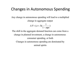 Changes in Autonomous Spending
Any change in autonomous spending will lead to a multiplied
                  change in aggregate output
                                       1
                    ∆Y = ( a + I )(        )
                                    1− mpc
The shift in the aggregate demand function can come from a
  change in planned investment, a change in autonomous
               consumer spending, or both
    Changes in autonomous spending are dominated by
                       animal spirits
 
