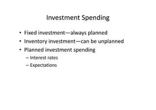 Investment Spending
• Fixed investment—always planned
• Inventory investment—can be unplanned
• Planned investment spending
  – Interest rates
  – Expectations
 