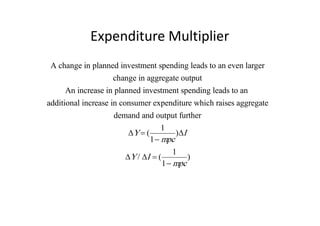 Expenditure Multiplier
 A change in planned investment spending leads to an even larger
                   change in aggregate output
     An increase in planned investment spending leads to an
additional increase in consumer expenditure which raises aggregate
                     demand and output further
                                   1
                         ∆Y = (        )∆I
                                1− mpc
                                       1
                       ∆Y / ∆I = (            )
                                     1− mpc
 