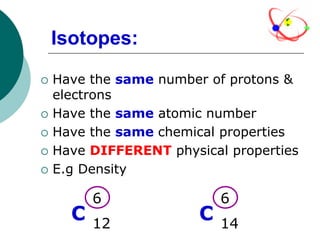 Have the same number of protons &
electrons
 Have the same atomic number
 Have the same chemical properties
 Have DIFFERENT physical properties
 E.g Density
Isotopes:
C 12
6
C 14
6
 
