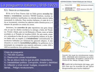 La posguerra italiana (1918-1922).La posguerra italiana (1918-1922).
Crisis de posguerra:
1.- 700.000 muertos
2.- Destrucción zonas industriales
3.- No se obtuvo todo lo que se pidió. Irredentismo.
4.- Inestabilidad política. Corrupción, división y debilidad.
5.- Inflación y crisis social: huelgas, ocupación de
tierras… Peligro revolucionario.
 