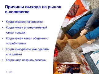 • Когда сказало начальство
• Когда нужен альтернативный
канал продаж
• Когда нужен канал общения с
потребителем
• Когда конкуренты уже сделали
или делают
• Когда надо покрыть регионы
Itella Россия5 2016
Причины выхода на рынок
e-commerce
 