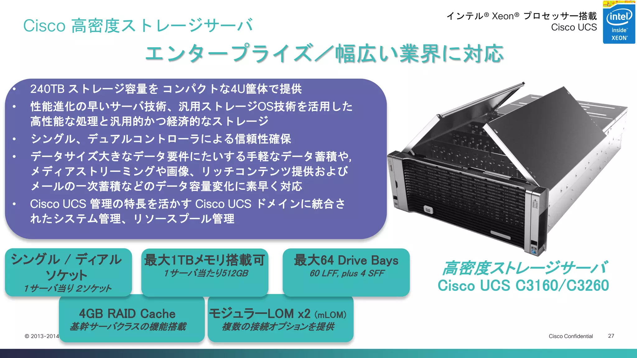Cisco Confidential 
27 
© 2013-2014 Cisco and/or its affiliates. All rights reserved. 
シングル / ディアル ソケット １サーバ当り ２ソケット 
4GB RAID Cache 
基幹サーバクラスの機能搭載 
モジュラーLOM x2 (mLOM) 
複数の接続オプションを提供 
最大1TBメモリ搭載可 
１サーバ当たり512GB 
Cisco 高密度ストレージサーバ 
最大64 Drive Bays 
60 LFF, plus 4 SFF 
•240TB ストレージ容量を コンパクトな4U筐体で提供 
•性能進化の早いサーバ技術、汎用ストレージOS技術を活用した 高性能な処理と汎用的かつ経済的なストレージ 
•シングル、デュアルコントローラによる信頼性確保 
•データサイズ大きなデータ要件にたいする手軽なデータ蓄積や, メディアストリーミングや画像、リッチコンテンツ提供および メールの一次蓄積などのデータ容量変化に素早く対応 
•Cisco UCS 管理の特長を活かす Cisco UCS ドメインに統合さ れたシステム管理、リソースプール管理 
エンタープライズ／幅広い業界に対応 
高密度ストレージサーバ Cisco UCS C3160/C3260 
インテル® Xeon® プロセッサー搭載 
Cisco UCS  