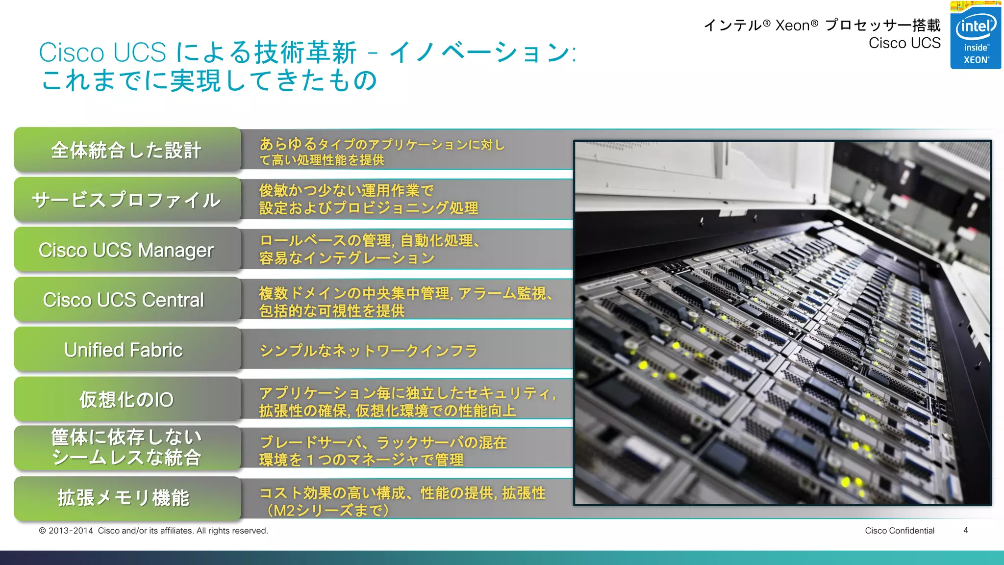 Cisco Confidential 
4 
© 2013-2014 Cisco and/or its affiliates. All rights reserved. 
Cisco UCS による技術革新 - イノベーション: これまでに実現してきたもの 
あらゆるタイプのアプリケーションに対し て高い処理性能を提供 
全体統合した設計 
サービスプロファイル 
Cisco UCS Manager 
Unified Fabric 
仮想化のIO 
筐体に依存しない 
シームレスな統合 
Cisco UCS Central 
俊敏かつ少ない運用作業で 設定およびプロビジョニング処理 
ロールベースの管理, 自動化処理、 容易なインテグレーション 
複数ドメインの中央集中管理, アラーム監視、 
包括的な可視性を提供 
シンプルなネットワークインフラ 
アプリケーション毎に独立したセキュリティ, 拡張性の確保, 仮想化環境での性能向上 
ブレードサーバ、ラックサーバの混在 環境を１つのマネージャで管理 
拡張メモリ機能 
コスト効果の高い構成、性能の提供, 拡張性 （M2シリーズまで） 
インテル® Xeon® プロセッサー搭載 
Cisco UCS  