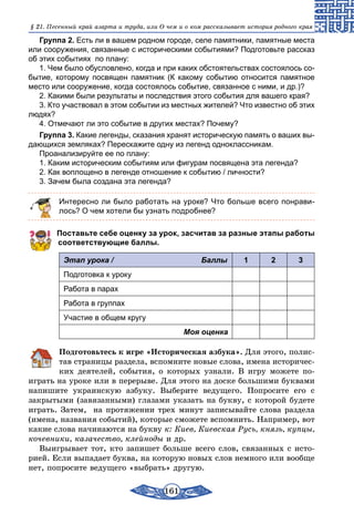 161
§ 21. Песенный край азарта и труда, или О чем и о ком рассказывает история родного края
Группа 2. Есть ли в вашем родном городе, селе памятники, памятные места
или сооружения, связанные с историческими событиями? Подготовьте рассказ
об этих событиях по плану:
1. Чем было обусловлено, когда и при каких обстоятельствах состоялось со-
бытие, которому посвящен памятник (К какому событию относится памятное
место или сооружение, когда состоялось событие, связанное с ними, и др.)?
2. Какими были результаты и последствия этого события для вашего края?
3. Кто участвовал в этом событии из местных жителей? Что известно об этих
людях?
4. Отмечают ли это событие в других местах? Почему?
Группа 3. Какие легенды, сказания хранят историческую память о ваших вы-
дающихся земляках? Перескажите одну из легенд одноклассникам.
Проанализируйте ее по плану:
1. Каким историческим событиям или фигурам посвящена эта легенда?
2. Как воплощено в легенде отношение к событию / личности?
3. Зачем была создана эта легенда?
Интересно ли было работать на уроке? Что больше всего понрави-
лось? О чем хотели бы узнать подробнее?
Поставьте себе оценку за урок, засчитав за разные этапы работы
соответствующие баллы.
Этап урока / Баллы 1 2 3
Подготовка к уроку
Работа в парах
Работа в группах
Участие в общем кругу
Моя оценка
	 Подготовьтесь к игре «Историческая азбука». Для этого, полис-
тав страницы раздела, вспомните новые слова, имена историчес-
ких деятелей, события, о которых узнали. В игру можете по­
играть на уроке или в перерыве. Для этого на доске большими буквами
напишите украинскую азбуку. Выберите ведущего. Попросите его с
закрытыми (завязанными) глазами указать на букву, с которой будете
играть. Затем, на протяжении трех минут записывайте слова раздела
(имена, названия событий), которые сможете вспомнить. Например, вот
какие слова начинаются на букву к: Киев, Киевская Русь, князь, купцы,
кочевники, казачество, клейноды и др.
Выигрывает тот, кто запишет больше всего слов, связанных с исто­
рией. Если выпадает буква, на которую новых слов немного или вообще
нет, попросите ведущего «выбрать» другую.
 