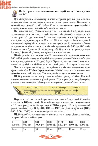 16
Звідки і як історики довідуються про минуле
Як історики встановлюють час події та що таке хроно­
логія?
Досліджуючи минувшину, вчені-історики раз по раз відпові­
дають на запитання: коли сталася та чи інша подія. Визначати
точний час певної події, тобто її дату, допомагає хронологія –
наука, що вивчає способи обчислення часу.
Не завжди час обчислювали так, як нині. Найдавнішими
одиницями виміру часу є доба (день і ніч разом), тиждень, мі-
сяць, рік. Люди почали їх застосовувати, спостерігаючи за
явищами природи, рухом Сонця, Місяця, зірок. Та осягнути й
правильно зрозуміти складні явища природи було важко. Тому
за давнини в різних народів рік міг тривати від 300 до 400 днів
і починатися будь-якої пори року або й узагалі з приводу яко-
їсь події (повені річки, заснування міста тощо).
Лічба років від певної події називається літочисленням.
300 – 400 років тому в Україні поступово узвичаїлася лічба ро-
ків від народження (Різдва) Ісуса Христа, життя якого поклало
початок однієї з найбільших світовий релігій – християнства.
Час від першого року до теперішніх днів називають нашою
ерою, або від Різдва Христового. Кожні сто років називають
століттям, або віком. Тисяча років – це тисячоліття.
Щоб уявити плин часу, намалюймо пряму лінію. На ній
позначмо один за одним різні роки. Праворуч розташуймо рік,
у якому ми живемо, ліворуч – попередні роки або століття.
н. е.
1301 р.101 р.
2 ст.
200 р. 1400 р. 2013 р.
14 ст.
Перше століття нашої ери починається в 1-му році й закін­
чується в 100-му році. Відповідно друге століття починається
в 101-му році, а закінчується в 200-му році. Отже, початкові
роки століть – це 101, 201, 301 ... 1901, а роки з нулями (100,
200, 300, 2000) – це останні роки століть.
Щоб засвоїти, як визначати початок та кінець різних століть,
скористайтеся таблицею:
1–
100 рр.
801–
900 рр.
901 –
1000 рр.
1001 –
1100 рр.
1101 –
1200 рр.
1201 –
1300 рр.
1901 –
2000 рр.
1 ст. 9 ст. 10 ст. 11 ст. 12 ст. 13 ст. 20 ст.
 