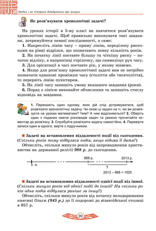 20
Звідки і як історики довідуються про минуле
Як розв’язувати хронологічні задачі?
На уроках історії в 5-му класі ви навчитеся розв’язувати
хро­нологічні задачі. Щоб правильно виконувати такі завдан-
ня, дотримуйтеся певної послідовно­сті, а саме:
1. Накресліть лінію часу – пряму лінію, переділену рисоч­
ками на рівні відрізки, що позначають певну кількість років.
2. На початку лінії поставте більшу та чіткішу риску – по-
чаток відліку, а наприкінці стрілочку, що символізує рух часу.
3. Для орієнтації в часі поставте рік, у якому живемо.
4. Якщо для розв’язку хронологічної задачі вам не потрібно
позначати однакові проміжки часу (століття або тисячоліття),
то перервіть лінію пунктиром.
5. На лінії часу запишіть умову вказаного завдання (роки).
6. Поряд з лінією виконайте обчислення та запишіть стислу
відповідь на завдання.
	 1. Перекажіть один одному, яких дій слід дотримуватися, щоб
розв’язати хронологічну задачу. Чи схожі ці задачі на ті, які ви роз­­в’я­
зуєте на уроках математики? Чим? А чим відрізняються? 2. Оберіть
один з поданих нижче різновидів задач та уважно прочитайте ко­
ментар до розв’язку. 3. Спробуйте розв’язати задачу самостійно. 4. Перевірте
записи один в одного, звірте з підручником.
Задачі на встановлення віддаленості події від сьогодення.
(Скільки років тому відбулася подія, якщо відома її дата?)
Обчисліть, скільки минуло років від запровадження христи-
янства як державної релігії 988 р. до сьогодення.
н. е.
2013 р.988 р.
?
2013 – 988 = 1025
Задачі на встановлення віддаленості однієї події від іншої.
(Скільки минуло років від однієї події до іншої? На скільки ро­
ків одна подія відбулася раніше за іншу?)
Обчисліть, скільки минуло років від початку володарювання
княгині Ольги (945 р.) до її подорожі до візантійської столиці
в 957 р.
 