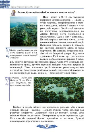 98
Про що і про кого розповідає історія
Якими були найдавніші на наших землях міста?
Наші землі в 9–10 ст. чужинці
називали «країною градів». «Гради»,
тобто фортеці, споруджували з дере-
ва – городили, звідси й назва – «го-
род», або «град». Укріплені поселен-
ня поступово перетворювалися на
міста. Великі міста складалися з
трьох частин. Одна з них – дитинець.
Це найстаріша частина міста, розта-
шована найчастіше на узвишші, горі.
Зміц­нена стінами, валами й ровами,
ця частина давнього міста й була
фортецею. На дитинці будували кня-
зівські та боярські двори. Від часів
хрещення Русі саме тут розташову-
валися найважливіші церкви й собо-
ри. Нижче дитинця простягався поділ. Саме тут мешкали ре-
місники та купці, тут був торговий майдан, численні церкви й
монастирі. Поза міськими укріпленнями розташовувалися
передмістя. Їх заселяли ремісники певної спеціальності: кожум’я­
­ки селилися біля води, гончарі – біля виходу глин тощо.
Забудова київського
Подолу 11 ст. Жит­
лові квартали. Ма­
кет-реконструкція.
Будівлі в давніх містах розташовували рядами, між якими
лишали проїзд – вулицю. Напрям вулиць часто залежав від
рельєфу місцевості. Сходилися вони до торгової площі, біля
міських брам чи дитинця. Центральна вулиця пролягала зде-
більшого від головної брами передмістя до дитинця. Вулиці
вимощували дерев’яними настилами.
Поділ та дитинець на ма­
кеті «Давній Київ» з На­
ціонального музею історії
України.
 