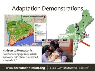 Adaptation Demonstrations
www.forestadaptation.org Click ‘Demonstration Projects’
Hudson to Housatonic
How to we engage rural-urban
landowners in climate-informed
stewardship?
 
