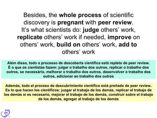 Besides, the whole process of scientific
discovery is pregnant with peer review.
It’s what scientists do: judge others’ work,
replicate others’ work if needed, improve on
others’ work, build on others’ work, add to
others’ work
Além disso, todo o processo de descoberta científica está repleto de peer review.
É o que os cientistas fazem: julgar o trabalho dos outros, replicar o trabalho dos
outros, se necessário, melhorar o trabalho dos outros, desenvolver o trabalho dos
outros, adicionar ao trabalho dos outros
Además, todo el proceso de descubrimiento científico está preñado de peer review.
Es lo que hacen los científicos: juzgar el trabajo de los demás, replicar el trabajo de
los demás si es necesario, mejorar el trabajo de los demás, construir sobre el trabajo
de los demás, agregar al trabajo de los demás
 