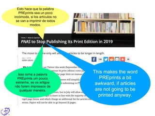 This makes the word
PREprints a bit
awkward, if articles
are not going to be
printed anyway.
Esto hace que la palabra
PREprints sea un poco
incómoda, si los artículos no
se van a imprimir de todos
modos.
Isso torna a palavra
PREprints um pouco
estranha, se os artigos
não forem impressos de
qualquer maneira.
 