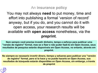 You may not always need to put money, time and
effort into publishing a formal ‘version of record’
anyway, but if you do, and you cannot do it with
open access, your research results will be
available with open access nonetheless, via the
preprint.
An insurance policy
Nem sempre você precisa investir dinheiro, tempo e esforço para publicar uma
"versão de registro" formal, mas se o fizer e não puder fazê-lo em Open Access, seus
resultados de pesquisa estarão disponíveis em Open Access, no entanto, através em
preprint.
No siempre es necesario invertir dinero, tiempo y esfuerzo para publicar una "versión
de registro" formal, pero si lo hace y no puede hacerlo en Open Access, sus
resultados de búsqueda estarán disponibles en Open Access, sin embargo, a través
de preprint
 