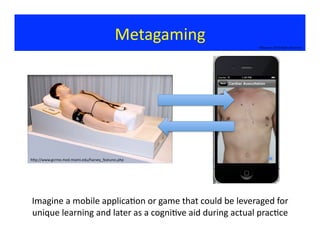 Metagaming	
  
©Bauman	
  2012	
  Rights	
  Reserved	
  
Imagine	
  a	
  mobile	
  applica?on	
  or	
  game	
  that	
  could	
  be	
  leveraged	
  for	
  
unique	
  learning	
  and	
  later	
  as	
  a	
  cogni?ve	
  aid	
  during	
  actual	
  prac?ce	
  
hjp://www.gcrme.med.miami.edu/harvey_features.php	
  
 